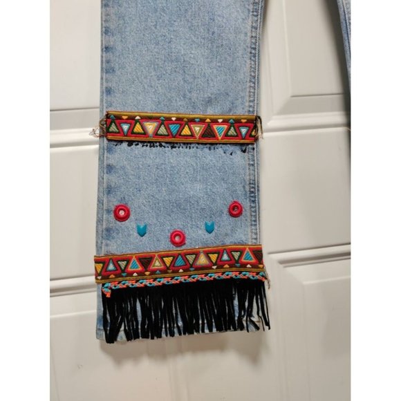 Mudd Cotton Mid Rise Straight Leg Embroidered Fringe Denim Jeans Blue Size 9 - Picture 5 of 14